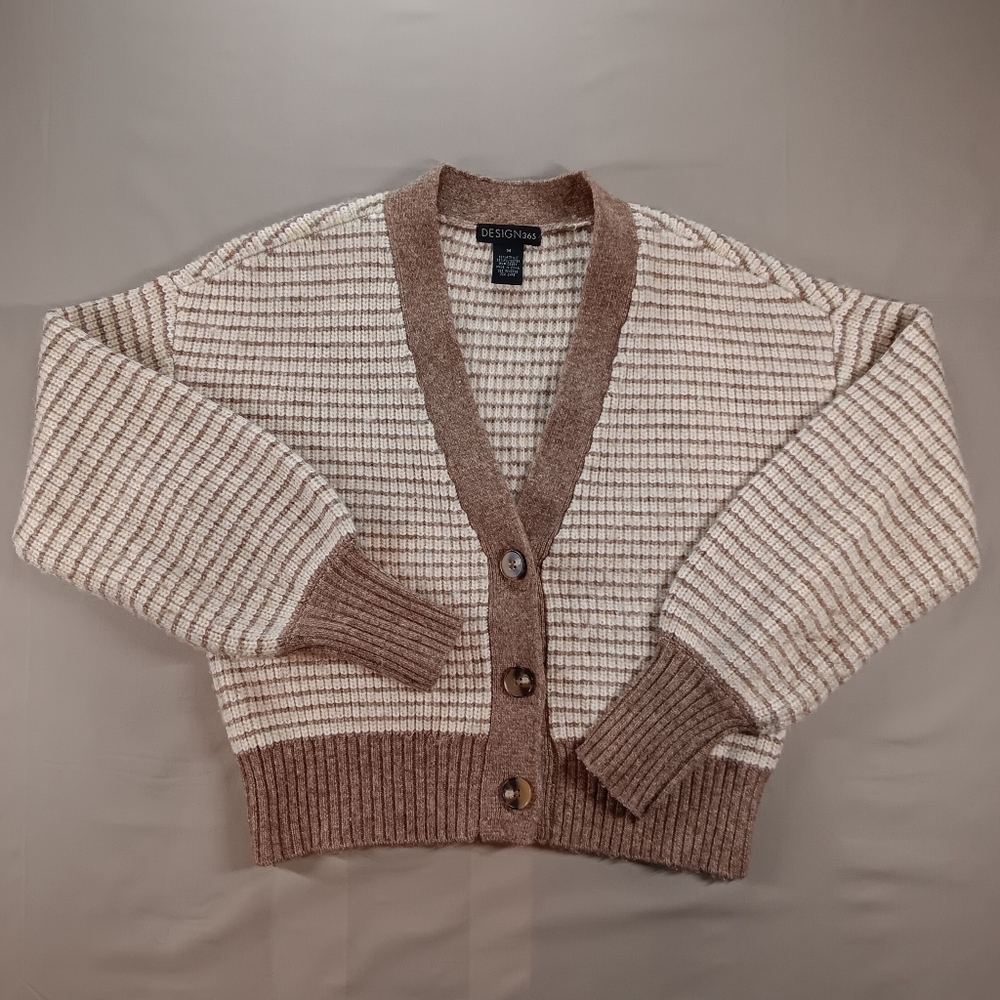 Design 365 Women's Button Up Crop Stripes Cardigan Puffed Sleeves Brown White M